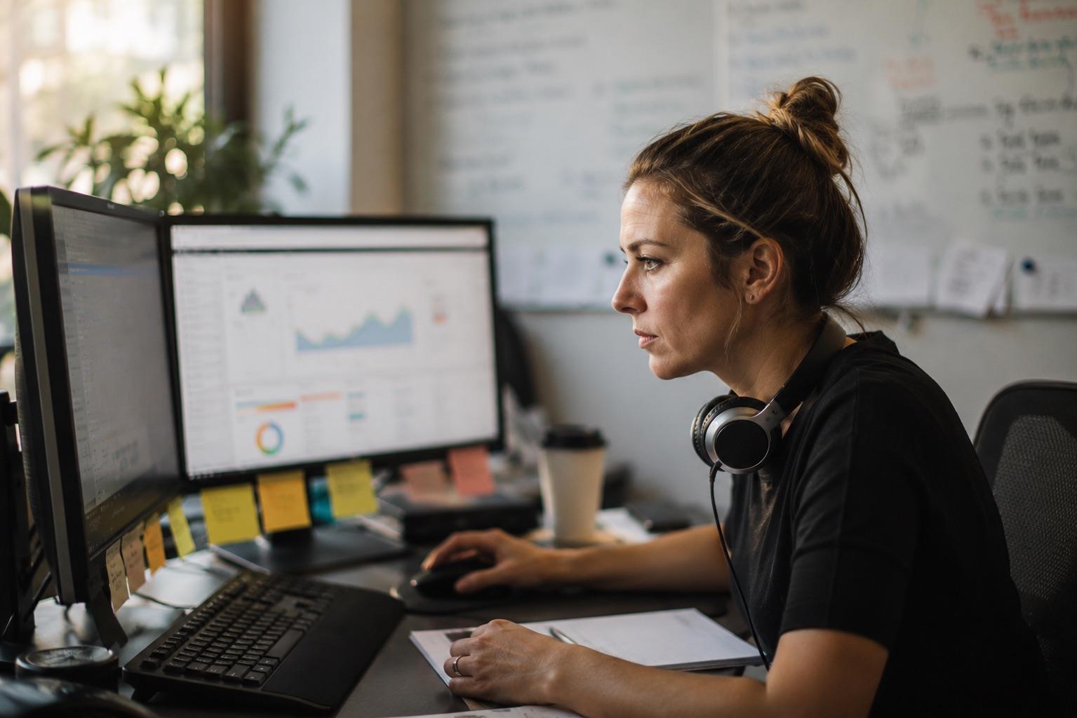 Media buyer reviewing call analytics at her desk